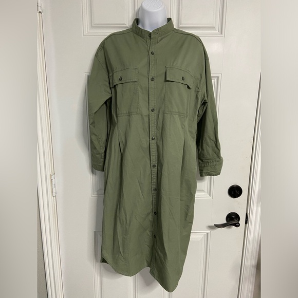 D7- AMERICAN HOLIC Olive Green Basic Mandarin Collar Shirt Dress - Picture 1 of 8